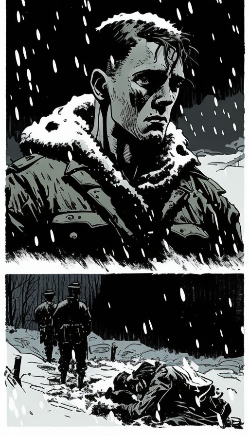 Illustration: Soldiers in tattered clothing, collapsing in snow wasteland.