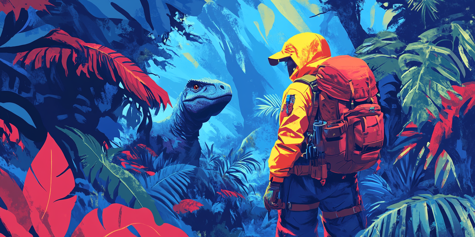 Illustration: surprised polar explorer in Mesozoic forest with dinosaur.