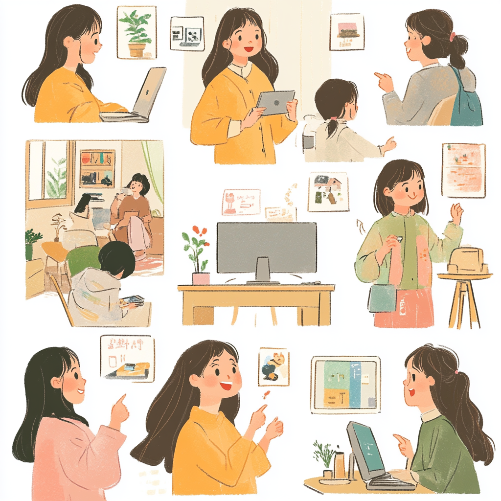 Illustrations of Japanese woman with Mac computer, calm style.