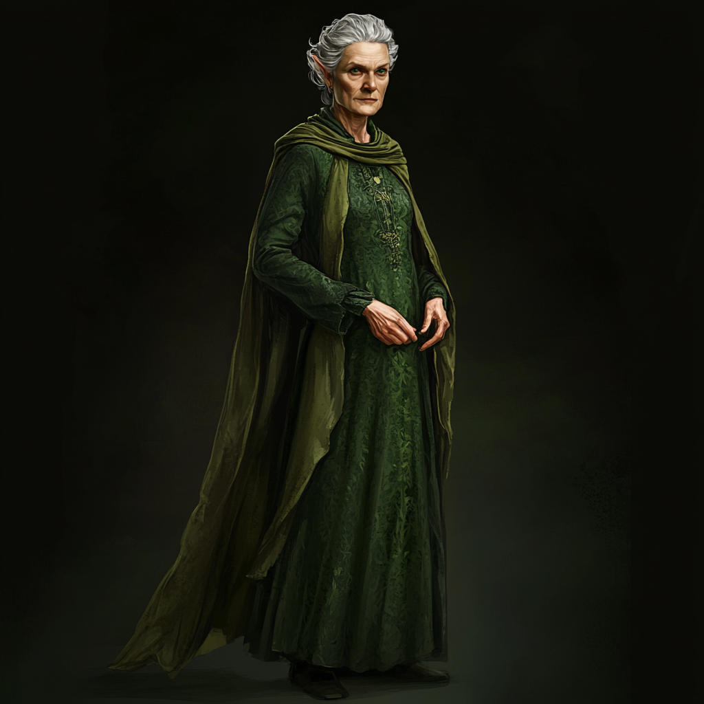 Ilma, wise and weathered herbalist in dark green cloak.