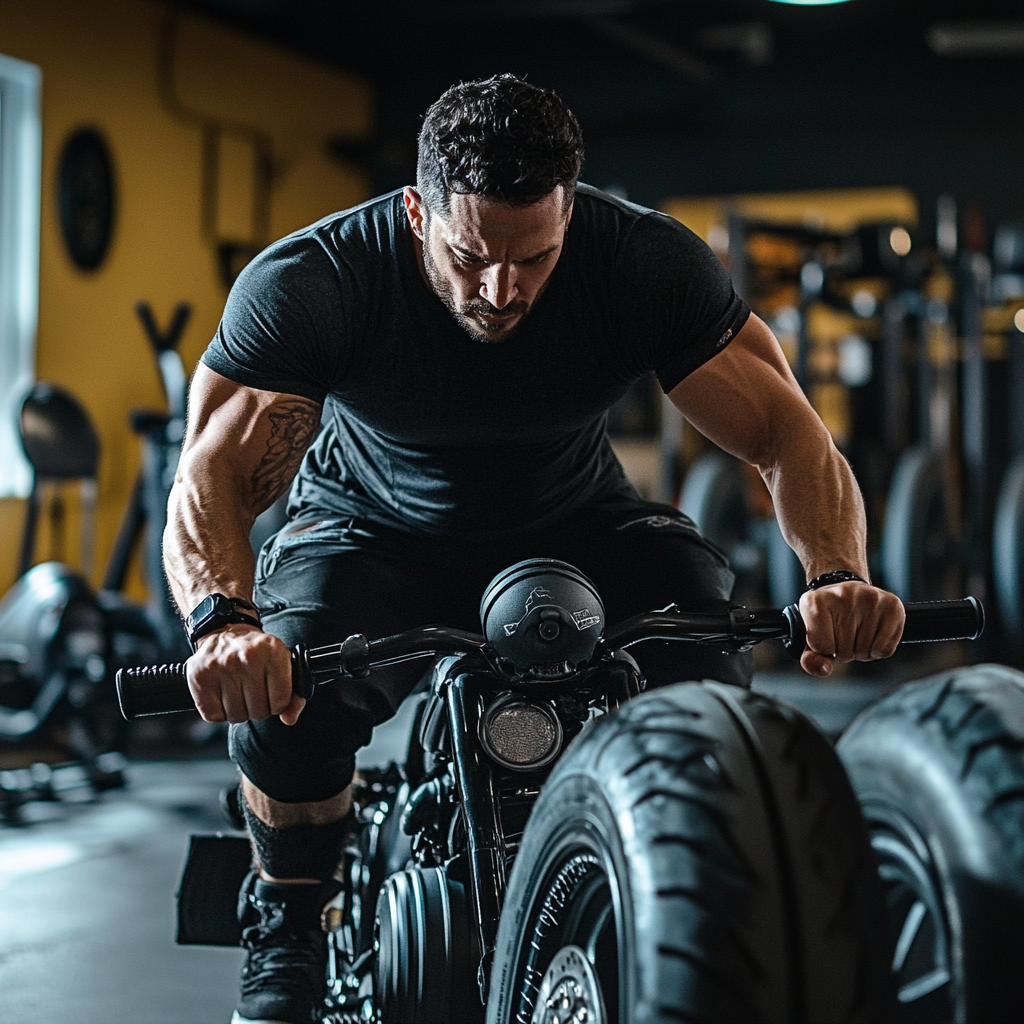 Image alt text: Motorcyclist strengthening core and upper body at gym.