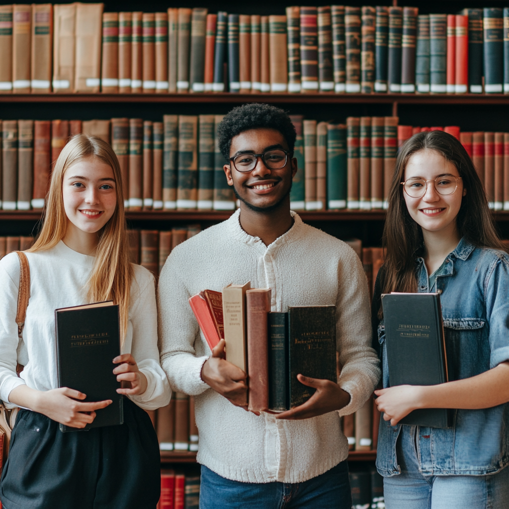 Image of 3 students in library holding books