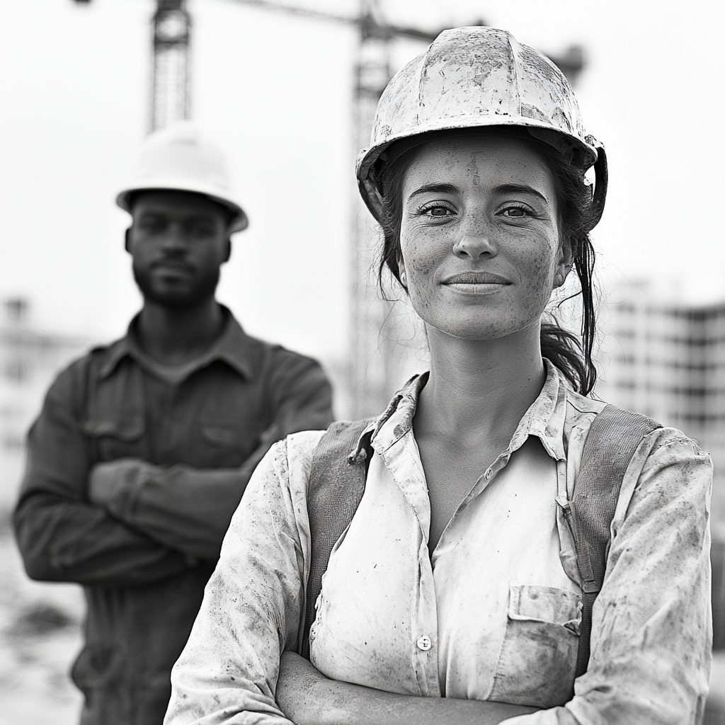 Image of African man, European woman, and workers.