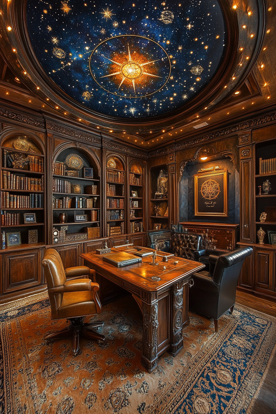 Image of Gothic-themed study with mystic symbols.