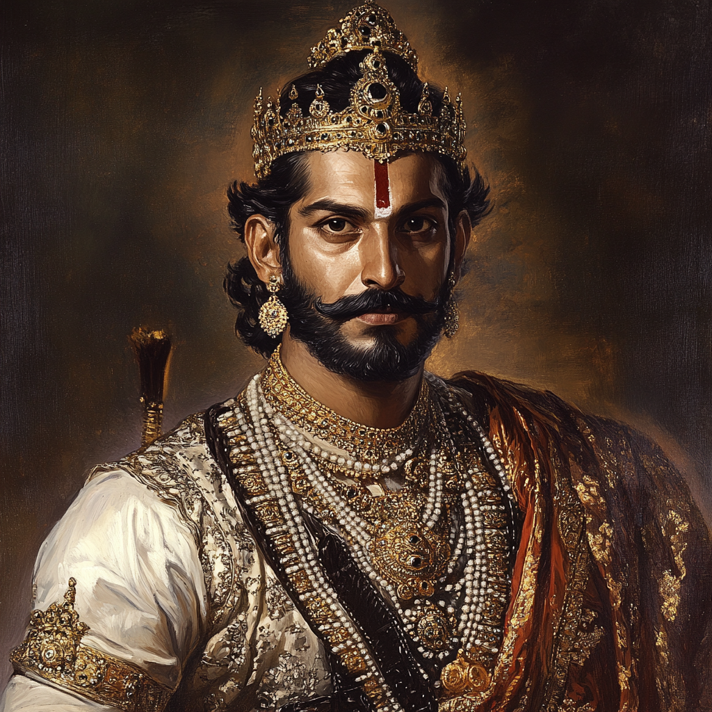 Image of King Chandragupta Morya: Regal attire, powerful stature