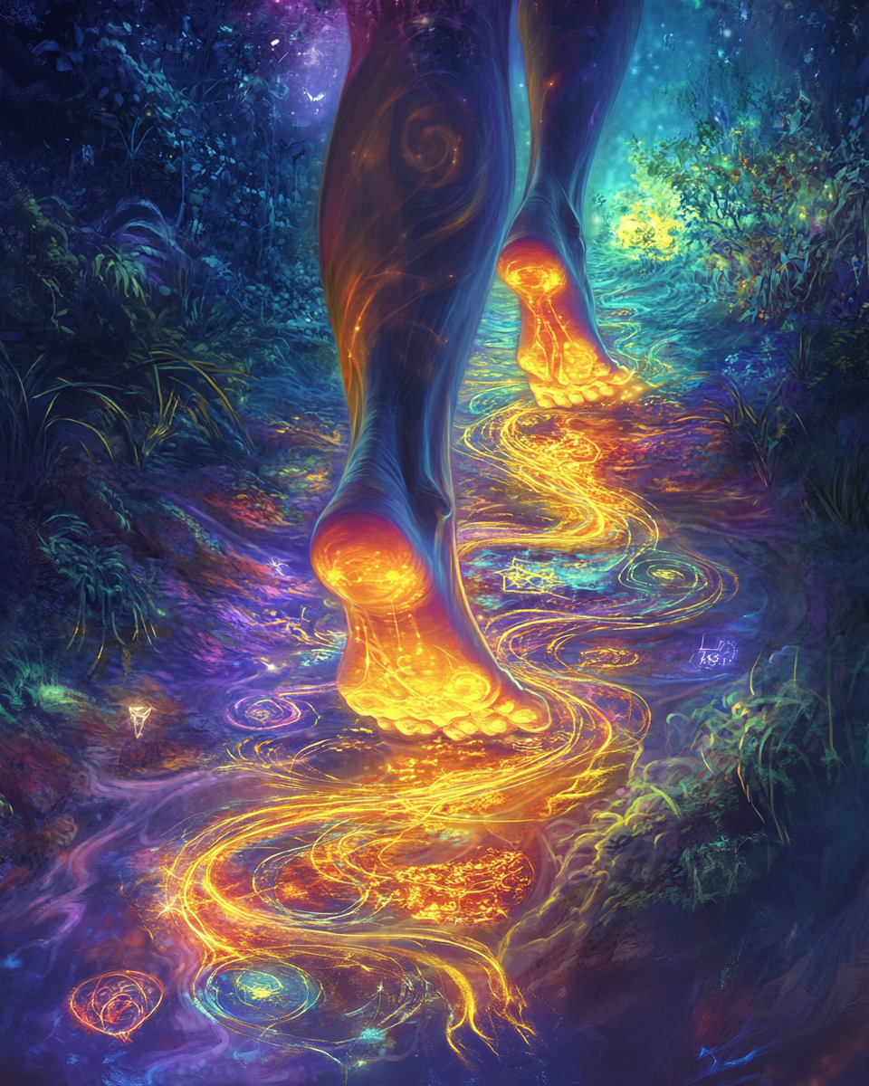 Image of Odú with glowing feet on mystical path.