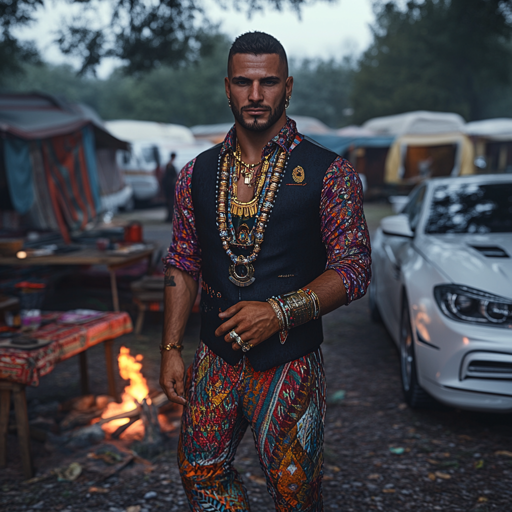 Image of Quaresma in Romani attire at camp.