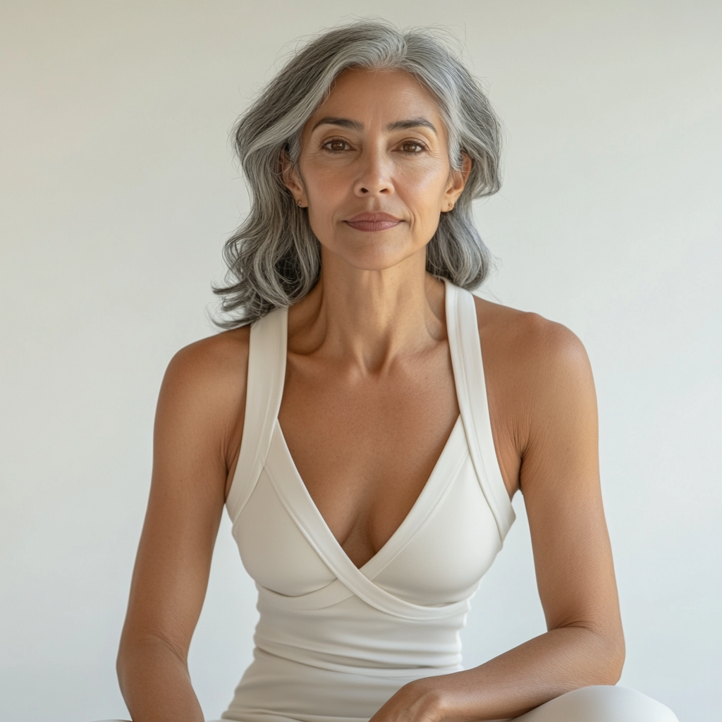 Image of a woman wearing a cream-colored top.