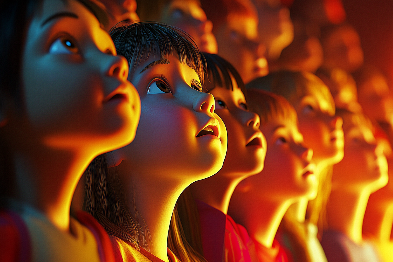 Image of children blinking in wonder under bright light.