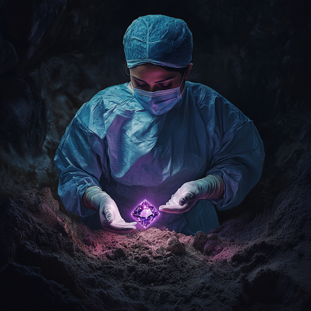 Image of dirty surgeon finding glowing purple diamond.