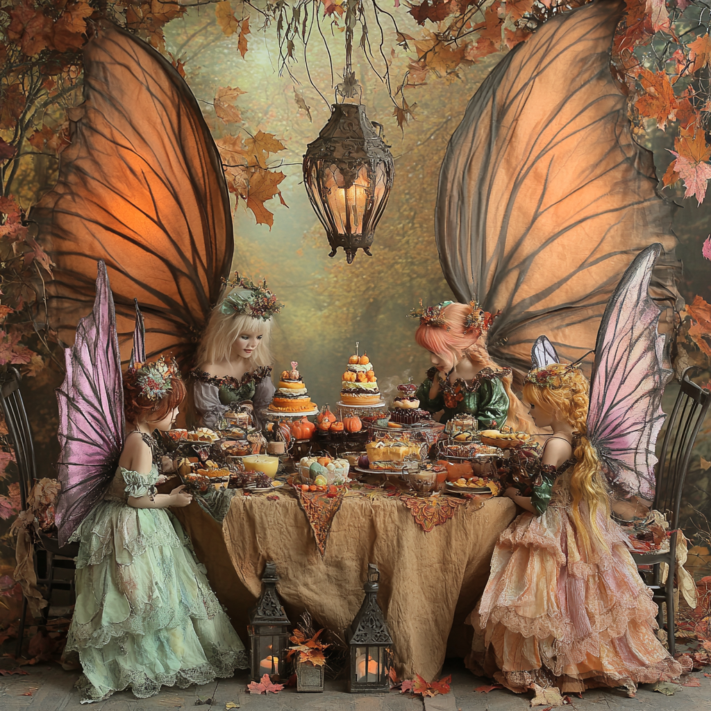 Image of diverse fairies with large wings at fall tea party.