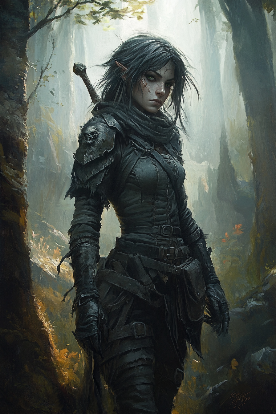 Image of feral drow female ranger in forest.