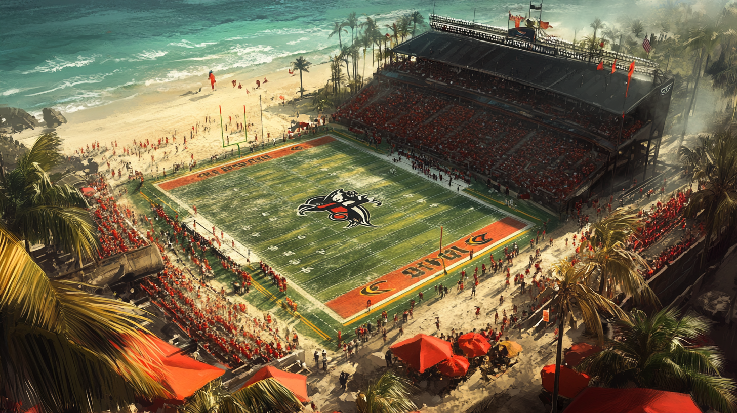 Image of football field on beach with fans and logos.