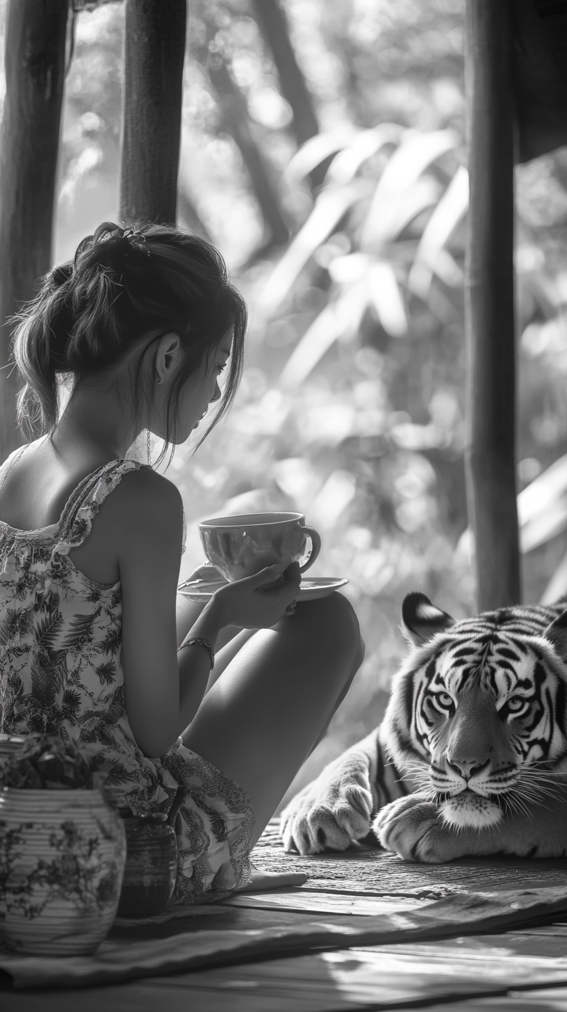 Image of girl with tiger on porch, highest quality.