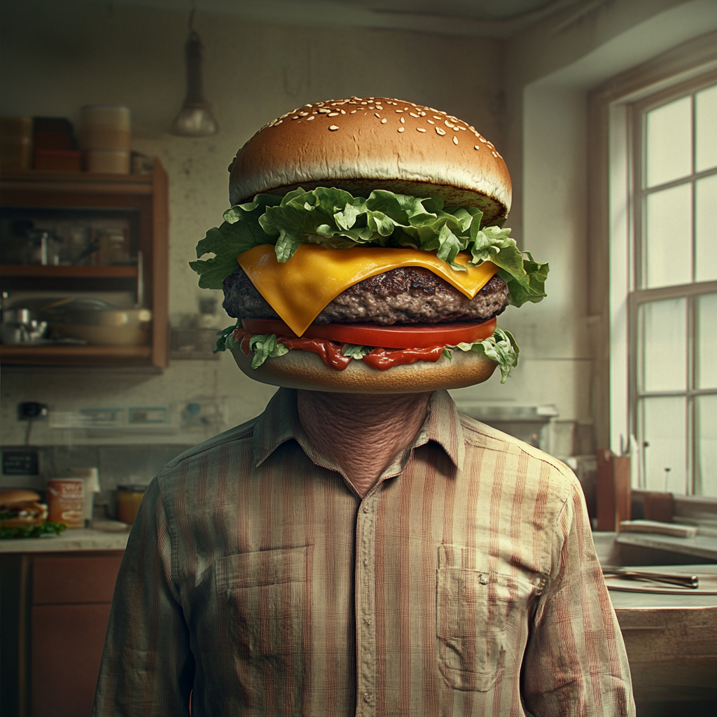 Image of human body with hamburger head, surreal yet believable.