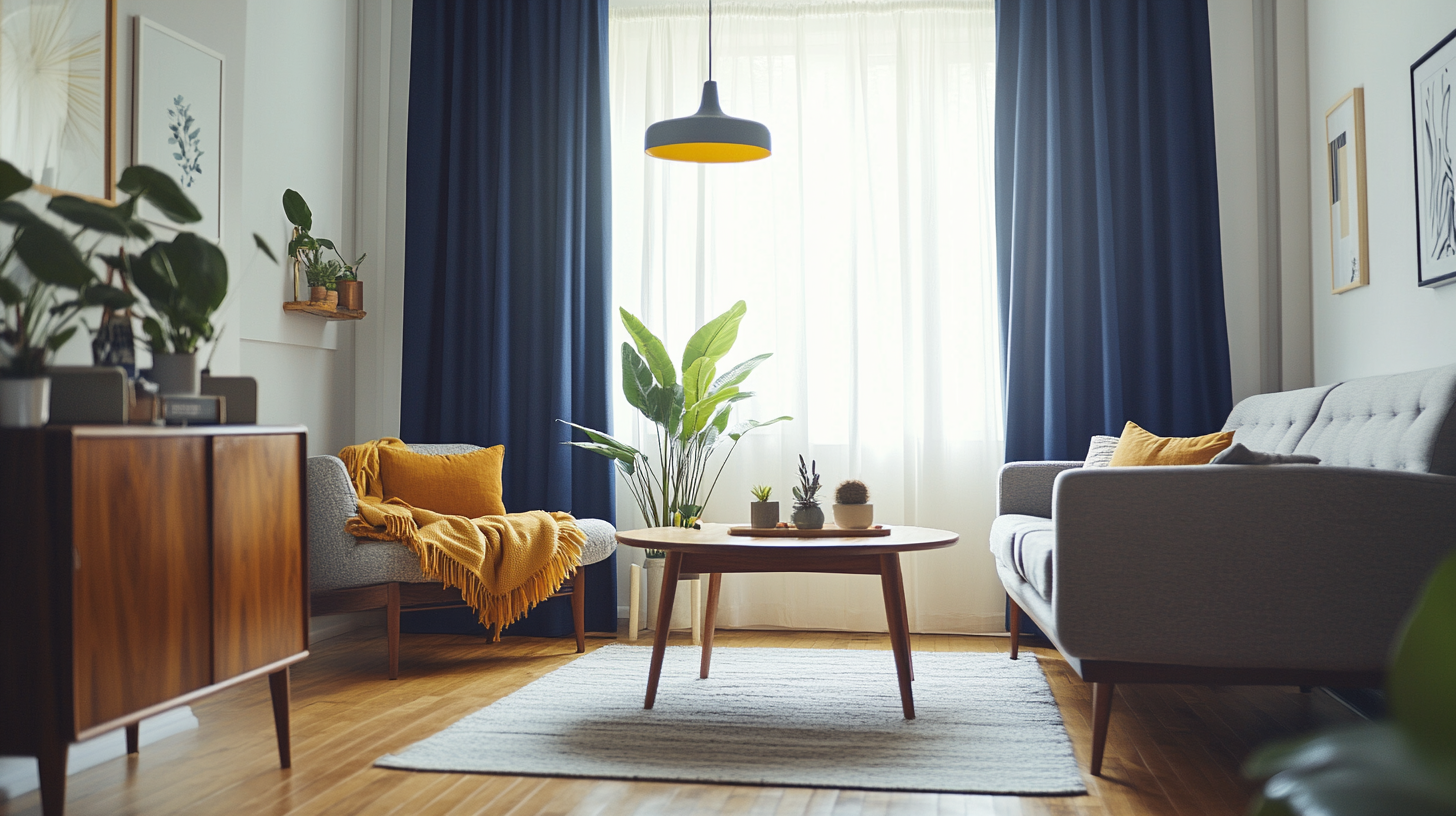 Image of mid-century modern living room with navy curtains.