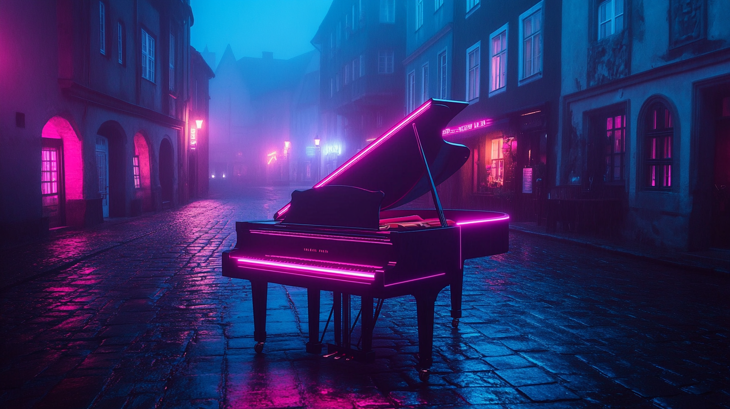 Image of modern piano in historic village square.