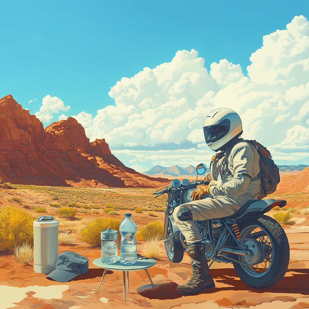 Image of motorcyclist in light clothes drinking water, preparing.