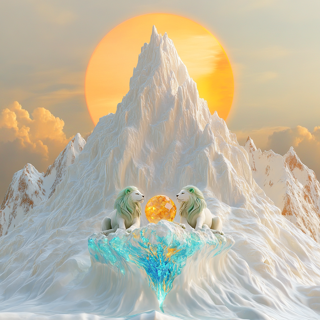 Image of mountain peak at sunrise with snow lions.