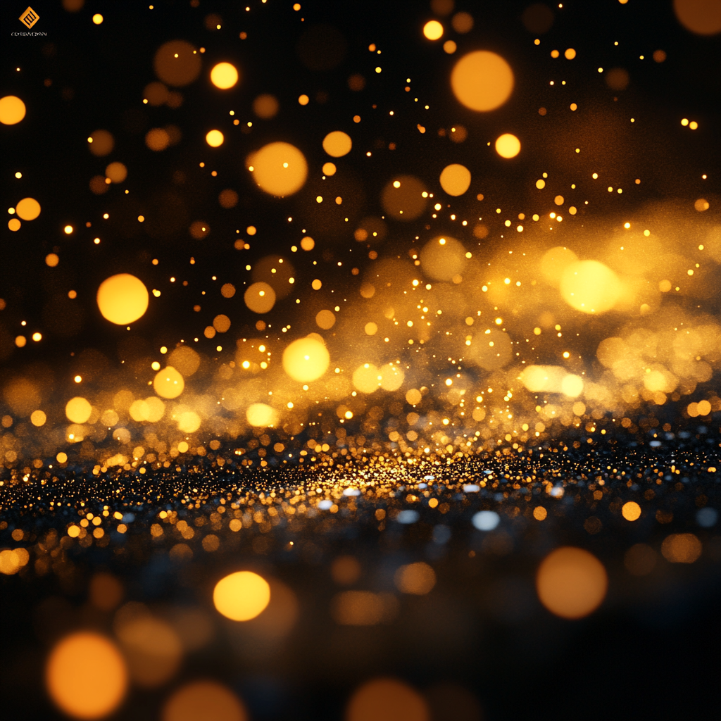 Image of reflecting gold dust, falling sparkles, elegant lighting.