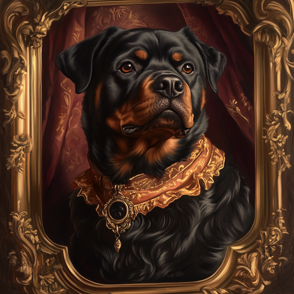 Image of regal Rottweiler in Baroque style setting.