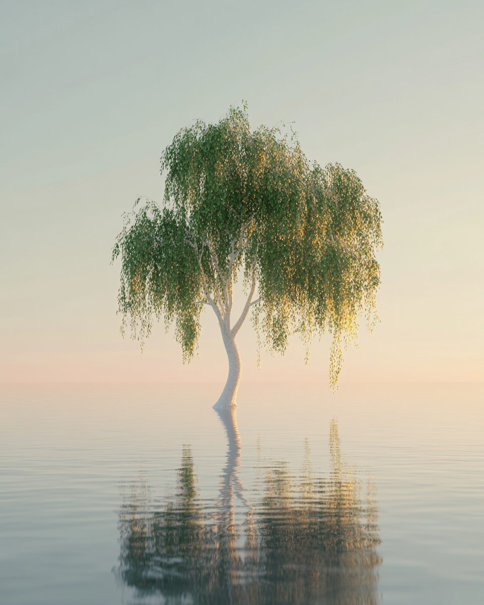 Image of solitary white tree in serene sunset lake.