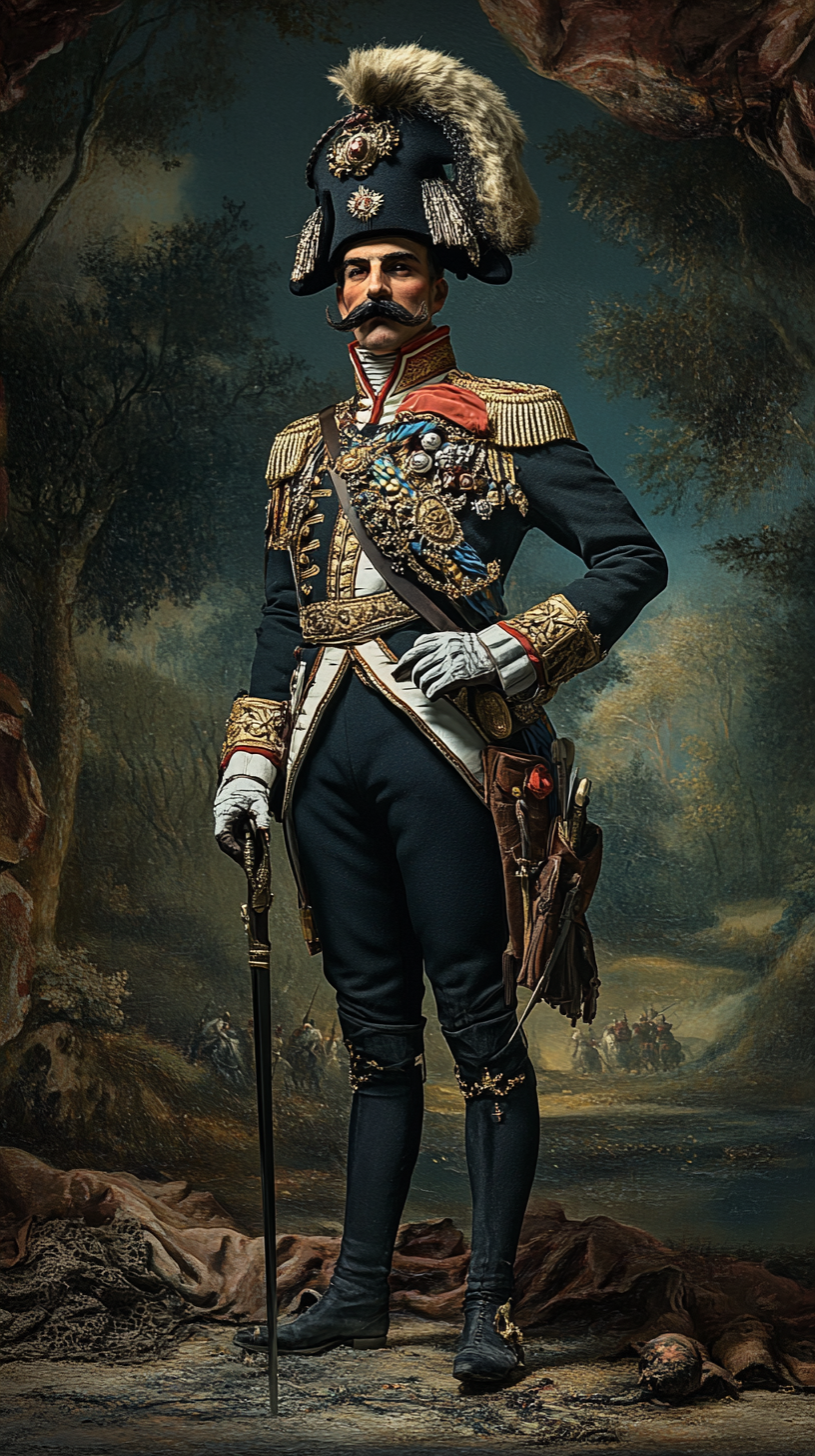 Image of tall man in ornate soldiers uniform.