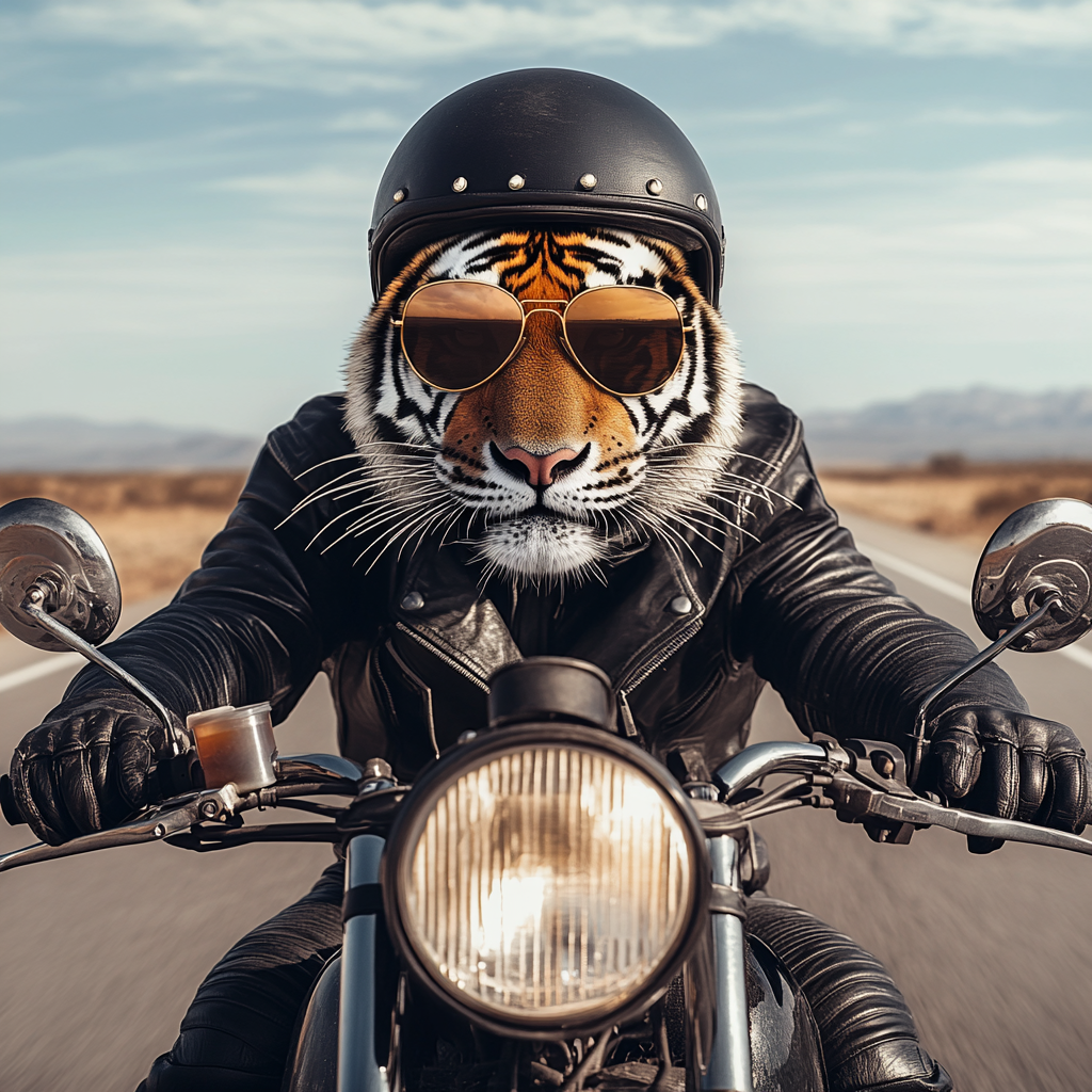 Image of tiger in aviator glasses riding motorcycle.