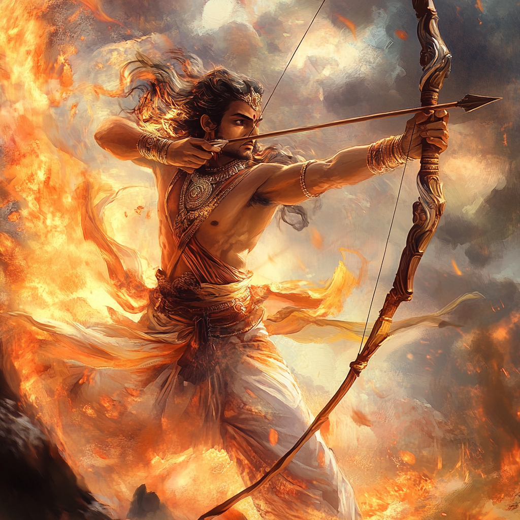 Image of valiant soldier Karna in fiery aura.