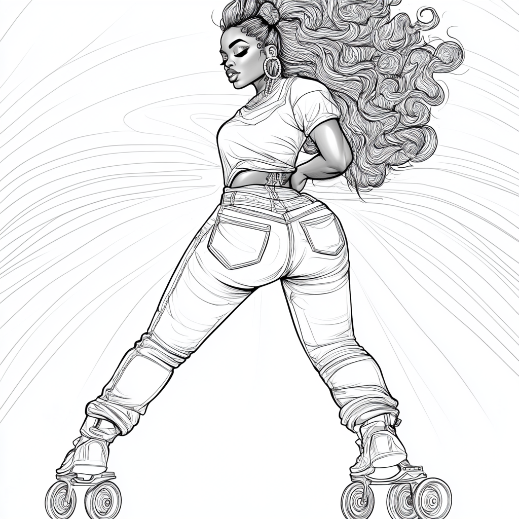 Image of woman in hippie jeans coloring page.