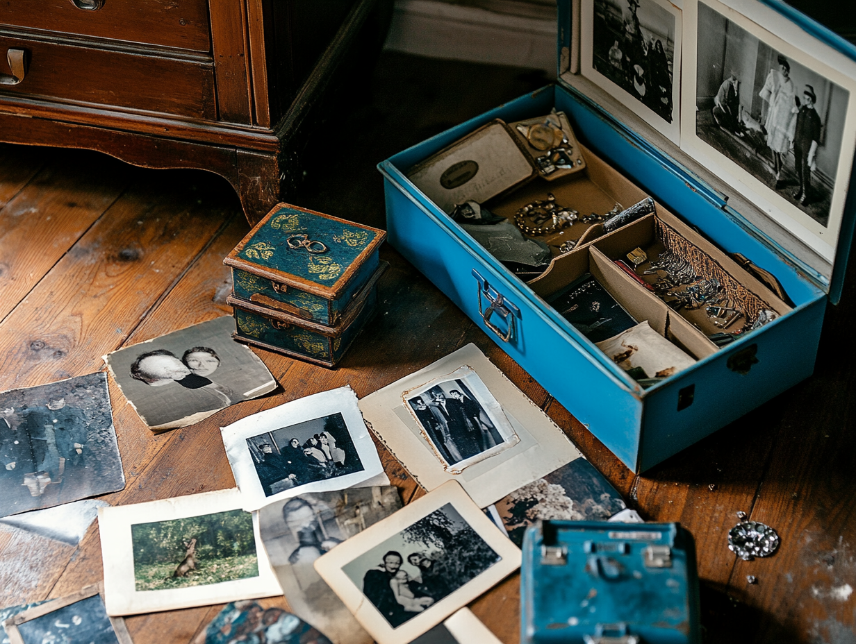 Image shows organizing sentimental items on wooden floor. Memories.