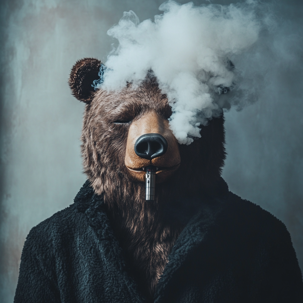 Image text: Bear-headed human vaping, looking disappointed, eyes closed.