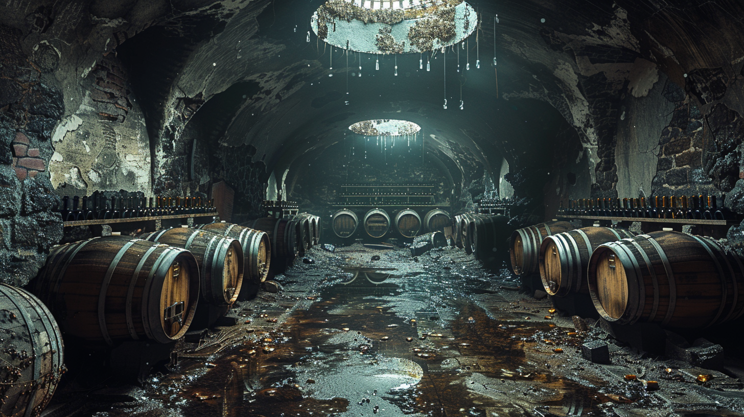 Image: Broken wine cellar in abandoned mansion with cobwebs.