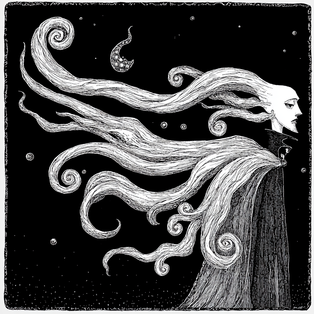 Image: Gracefully eerie figure with swirling elements in Gorey style.