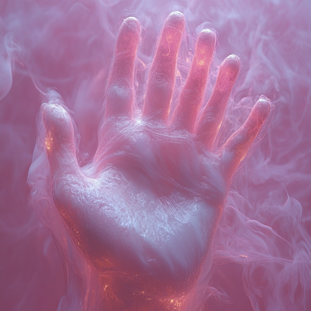 Image: Hand on fire in red and magenta mist.