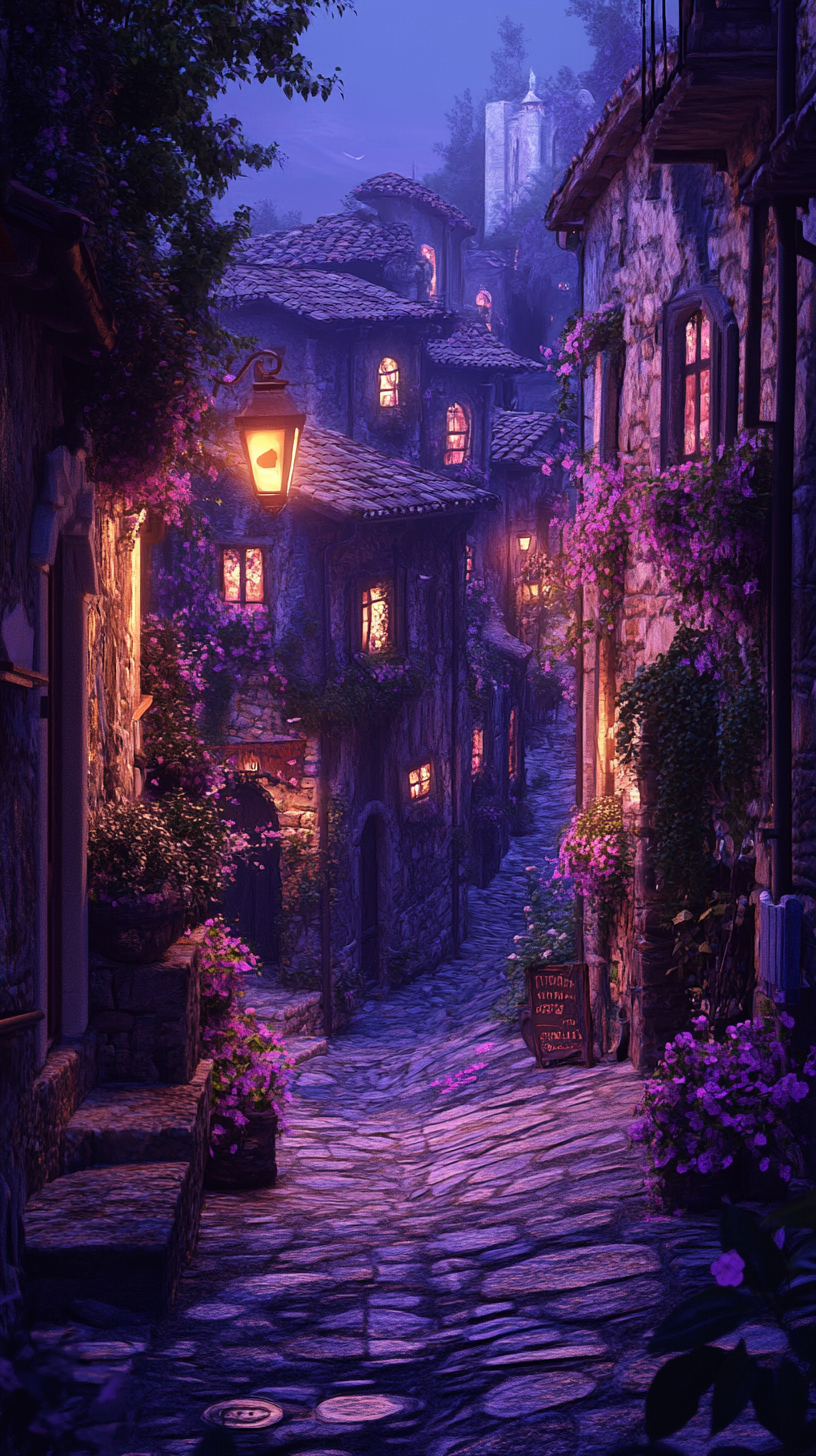 Image: Houses in beautiful beach alley night, streetlights flicker memories.