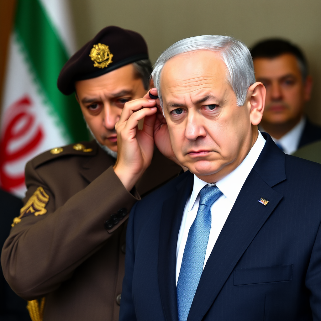 Image: Netanyahu sad as Iranian military twists ear.