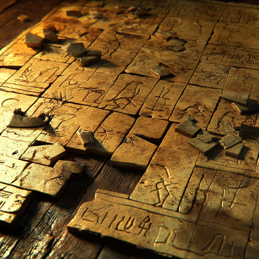 Image: Puzzles with broken artifacts and Sumerian symbols clues.