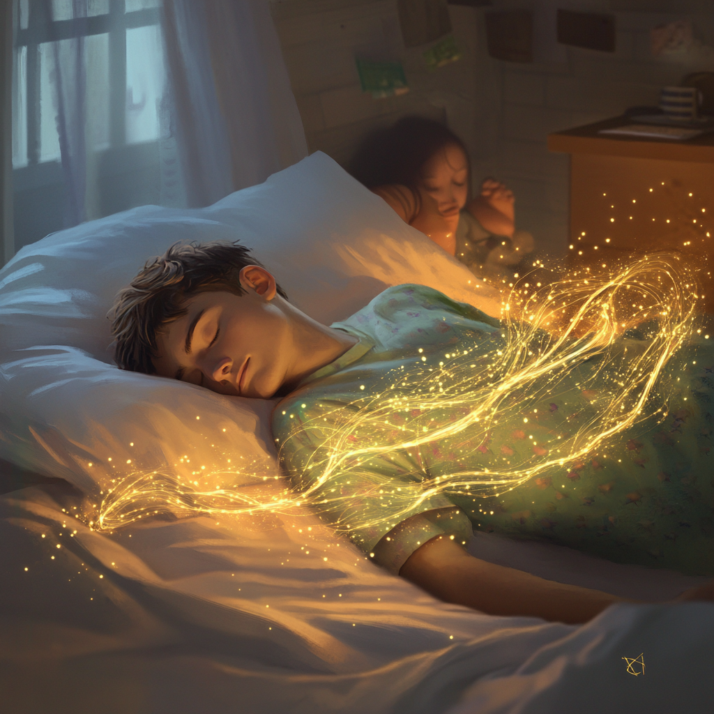 Image: Sleeping student superhero emits calming glow, affects others' sleep.