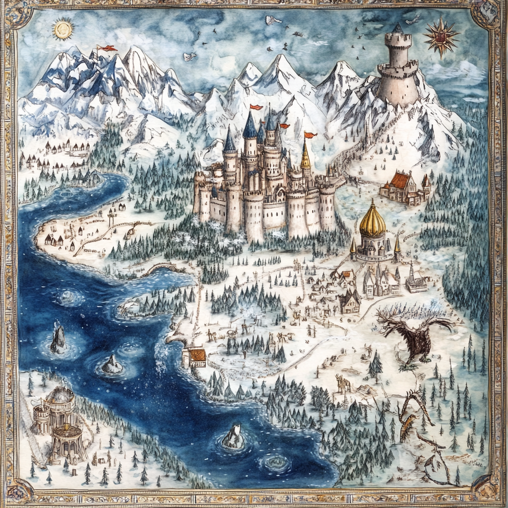 Imaginary Kingdom Map: Russian Castle, Mythical Animals, Dark Forests