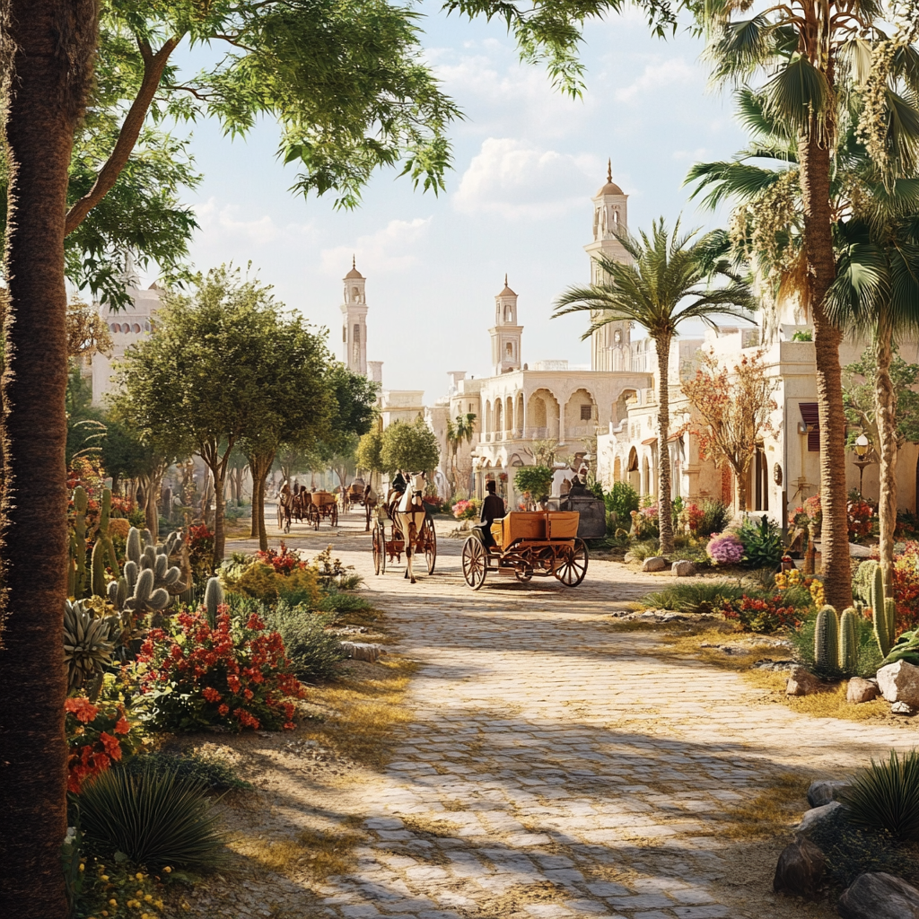 Imaginative 1900s Abu Dhabi city view with horse carriages.