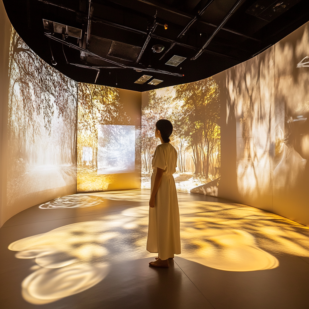 Immersive room with soft lighting, natural landscapes, interaction.