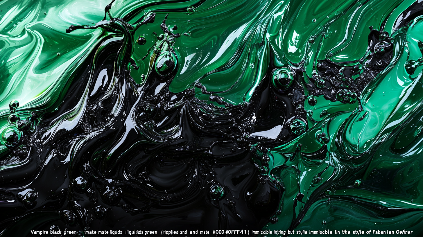 Immiscible liquids mix, black and green colors swirling.