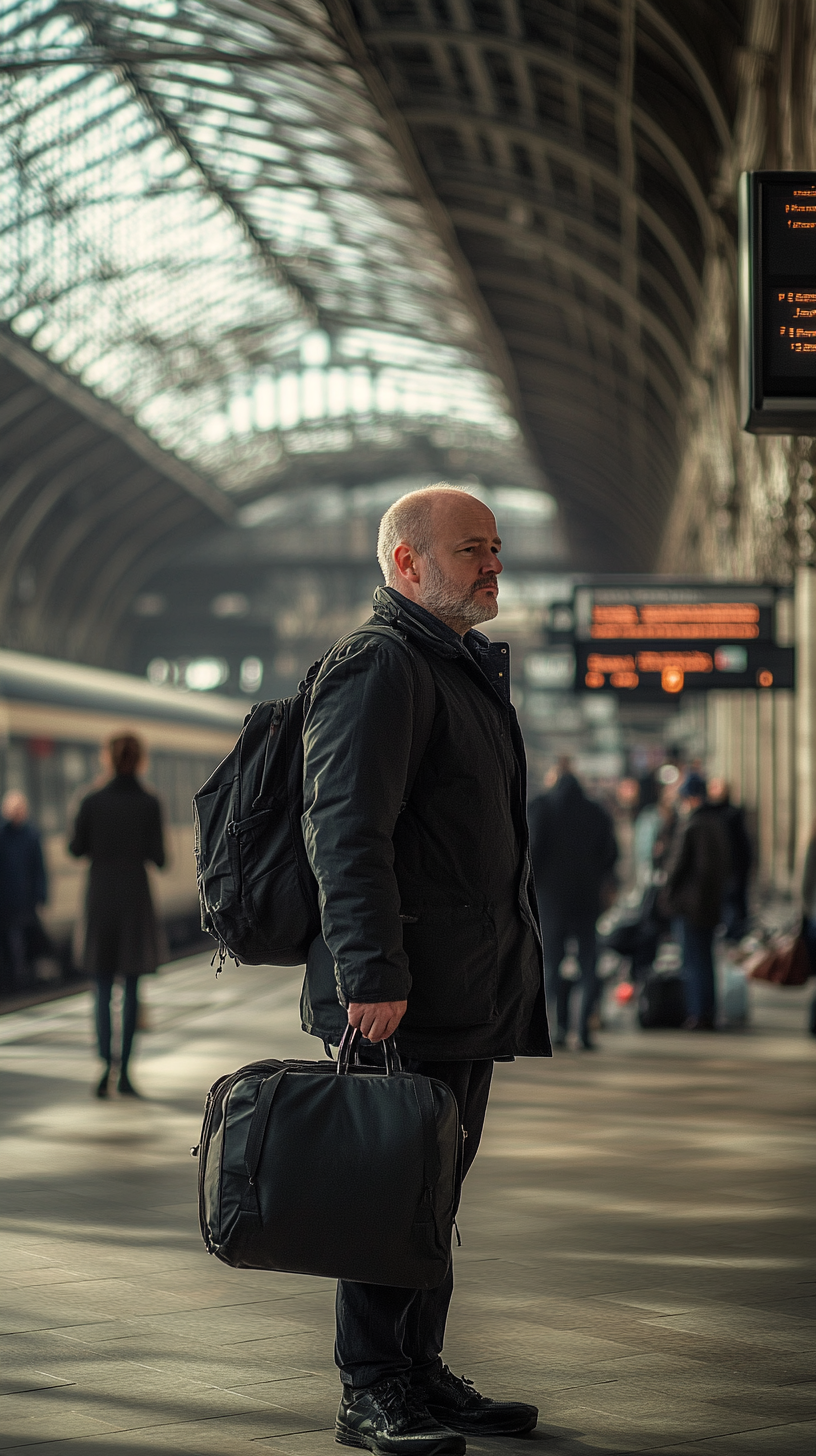 Impatient person waiting at train station, frustrated expression.