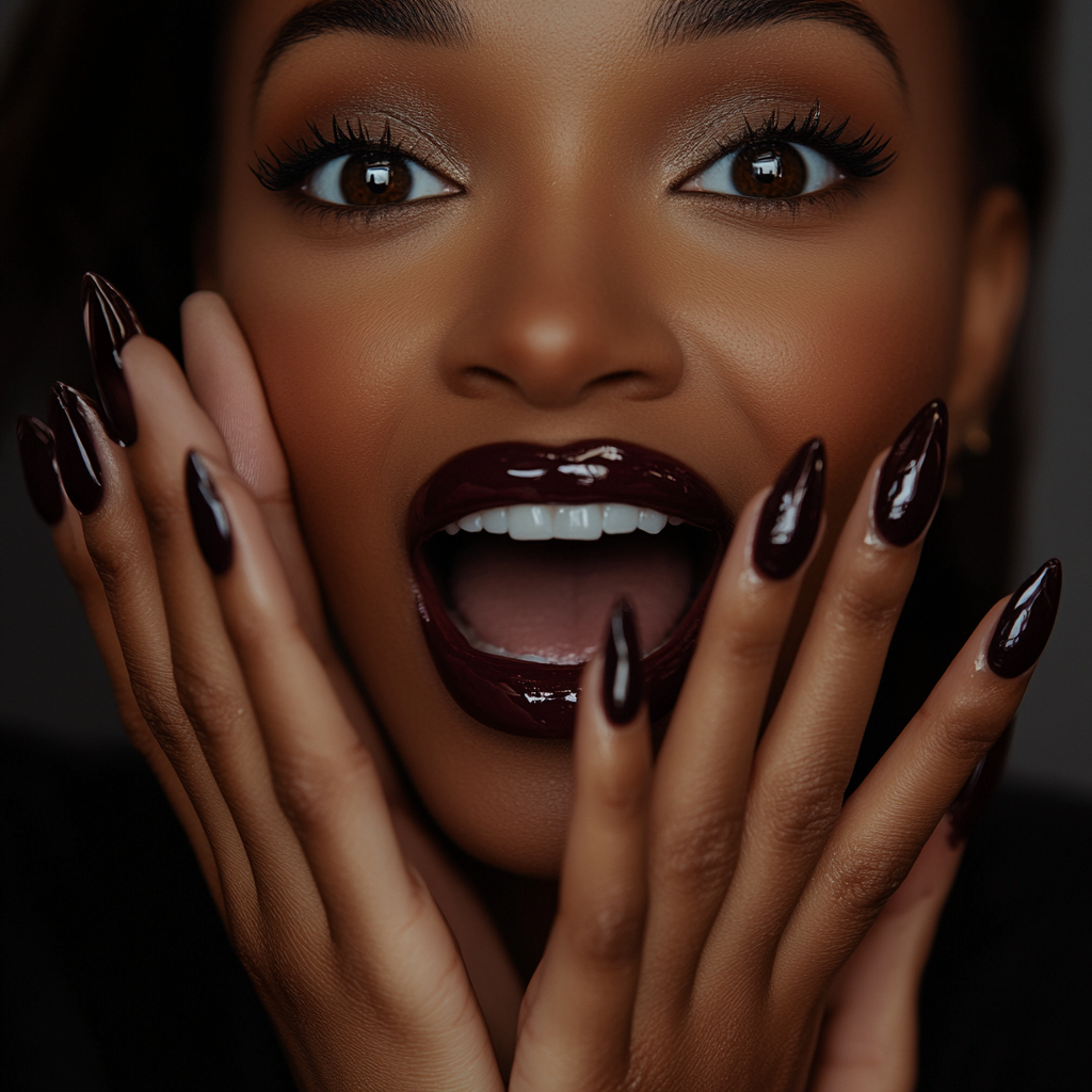 Impressed black woman showing new nails in fall season.