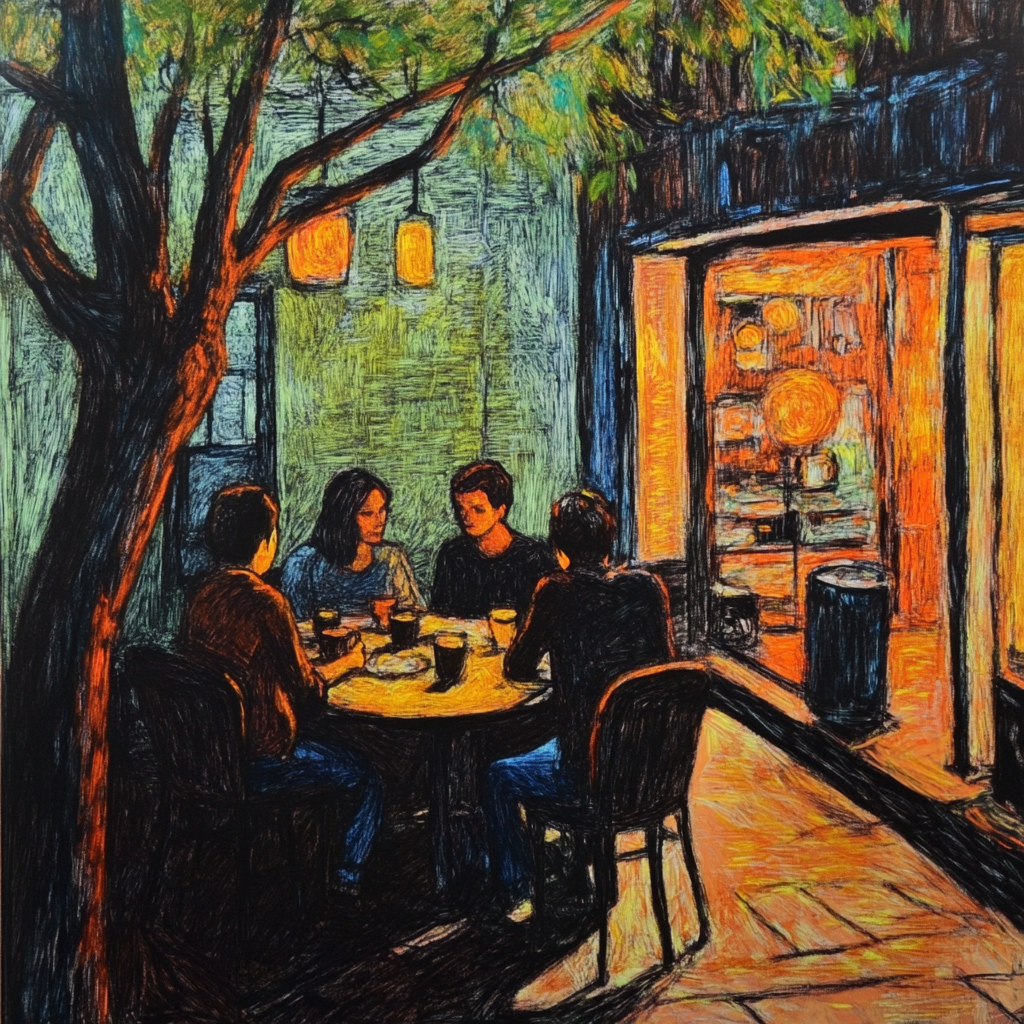 Impressionist painting of New York scene with coffee. Neon paint.