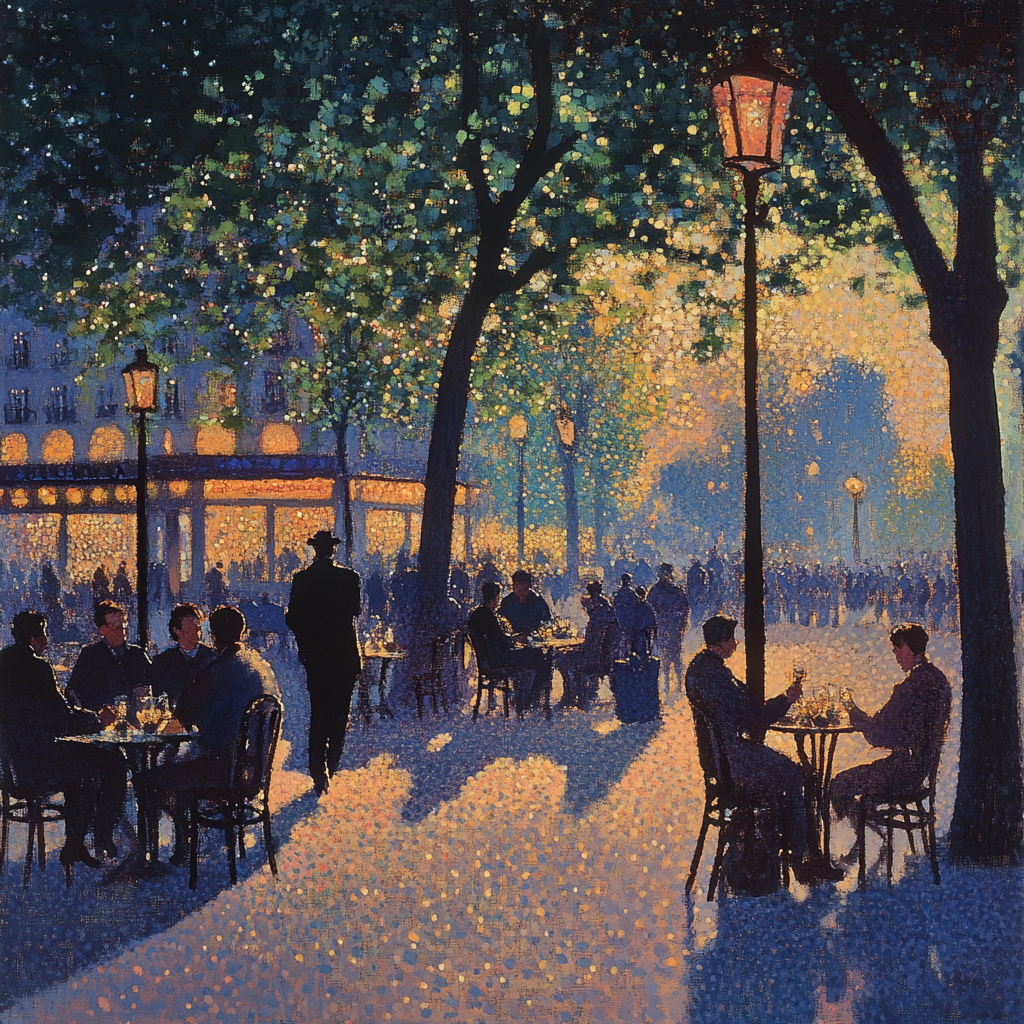 Impressionist scene with people in Paris cafe, vibrant colors.