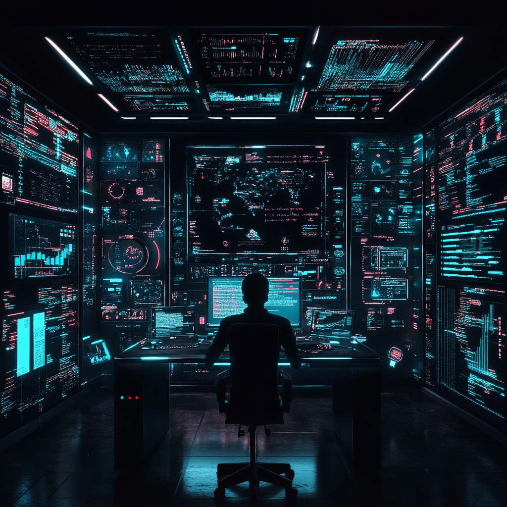 In A Futuristic Workspace, Programmer Surrounded by Holographic Screens