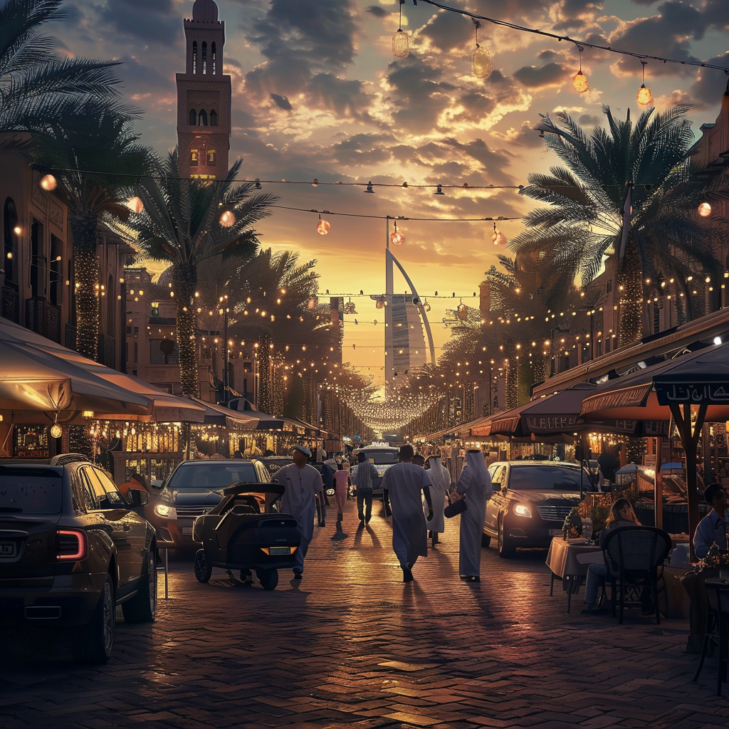 In Dubai, luxury cars at sunset market