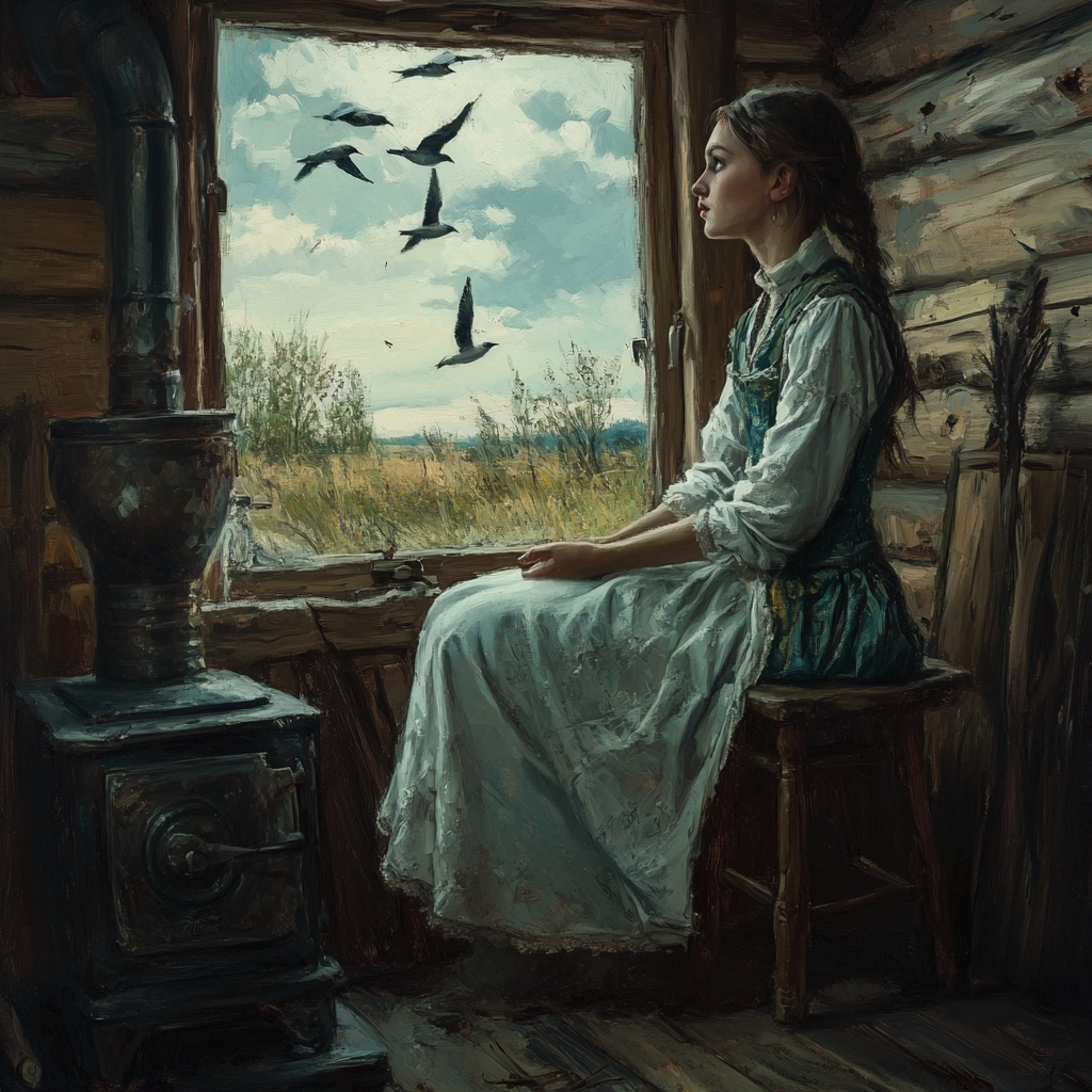 In an old hut, girl in peasant outfit watches.